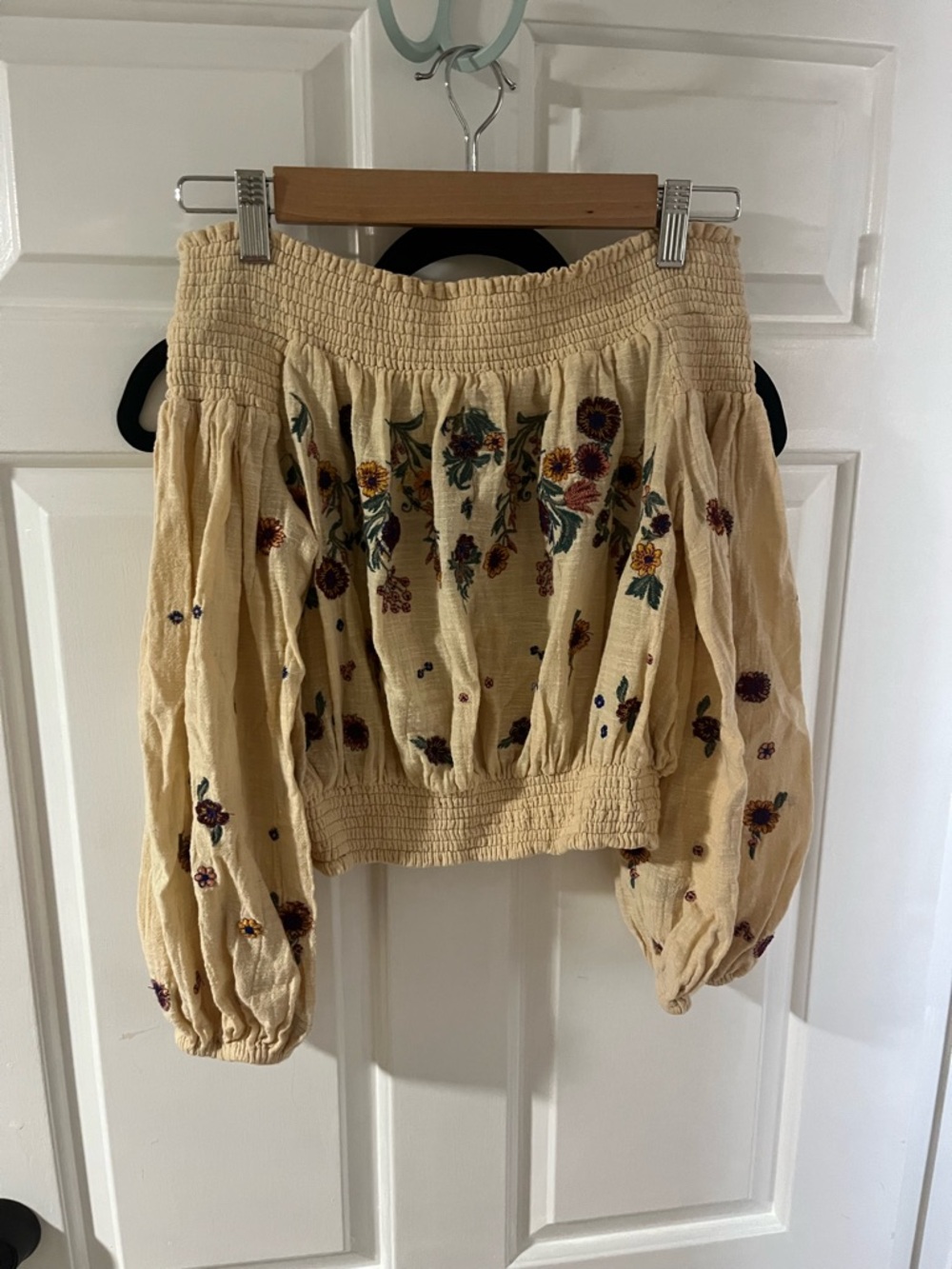 Free People Cream Smocked Off-Shoulder Top with Embroidered Motifs